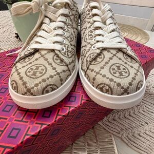 Tory Burch Cream and Brown Logo Sneakers